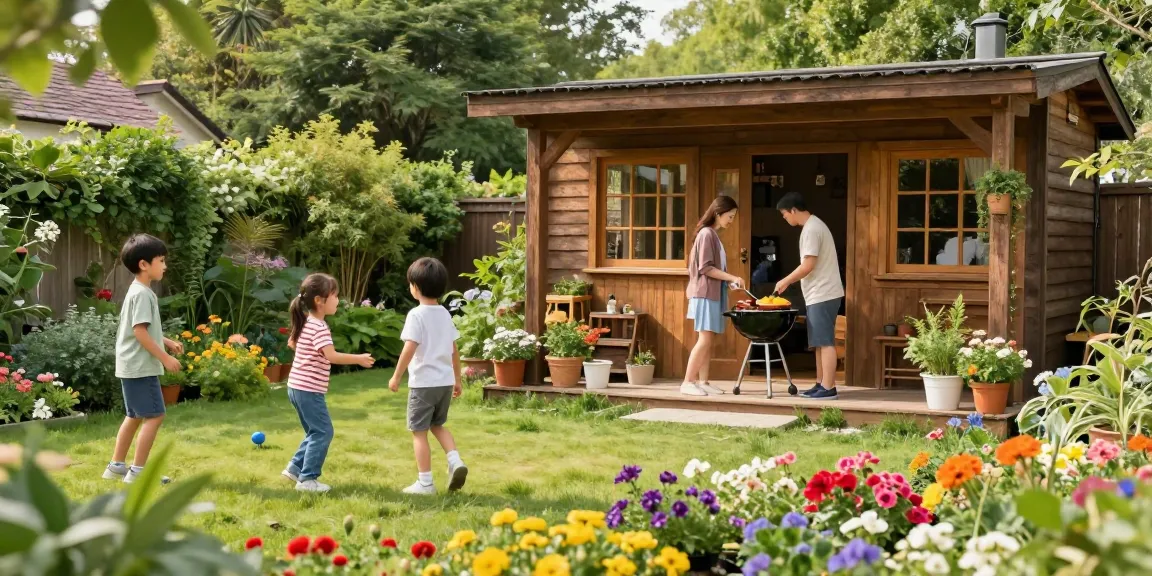 Gartenhaus kaufen - Familien genießen sonnigen Tag vor gemütlichem Gartenhaus umgeben von bunten Blumenbeeten.