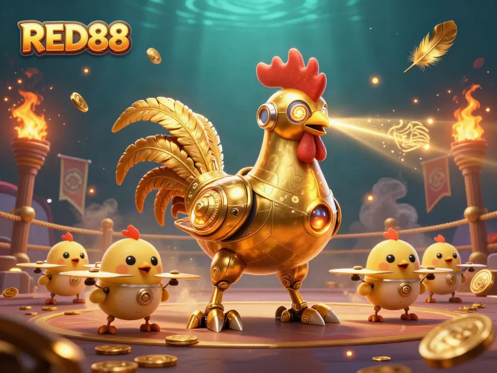 Watch RED88's golden rooster robot engaging with energies in a vibrant casino showdown.