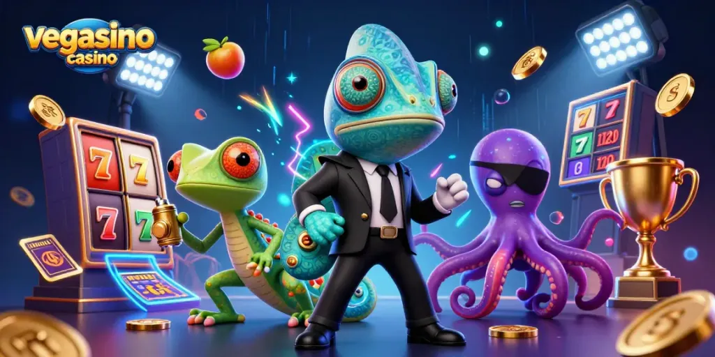 Engage with vegasino casino in a vibrant illustration showcasing thrilling slot games and lively characters.
