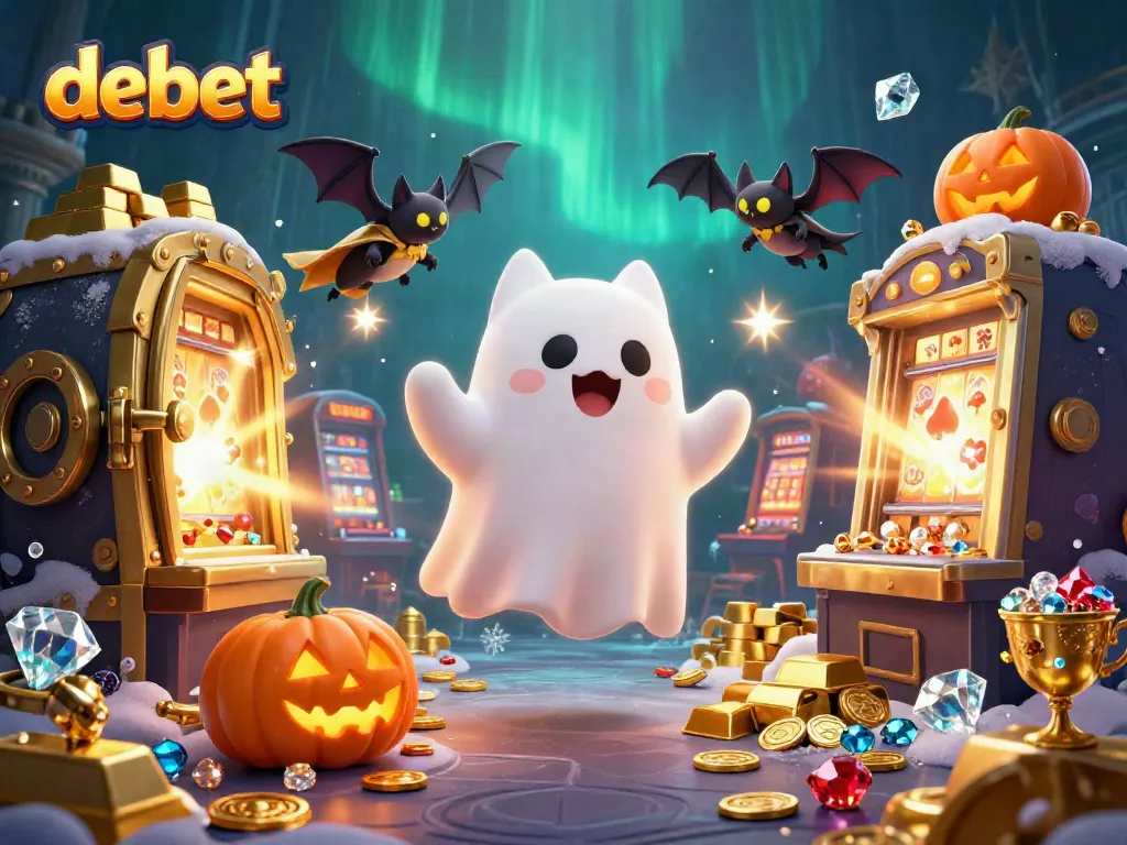 Experience debet's haunted casino with a ghost cat and vampire bat in a vibrant, treasure-filled scene.