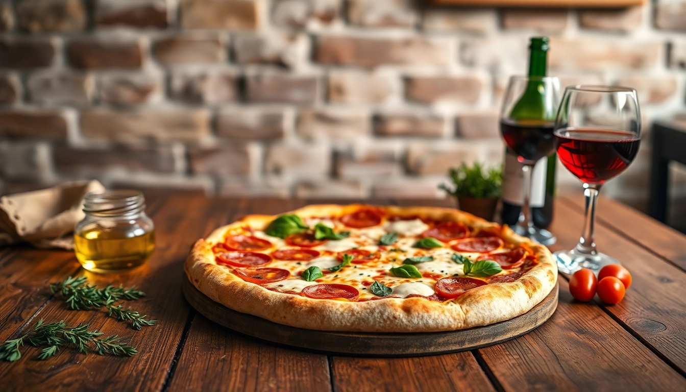 Pizza auf rustikalem Holztisch zeigt die besten Beläge und Texturen.