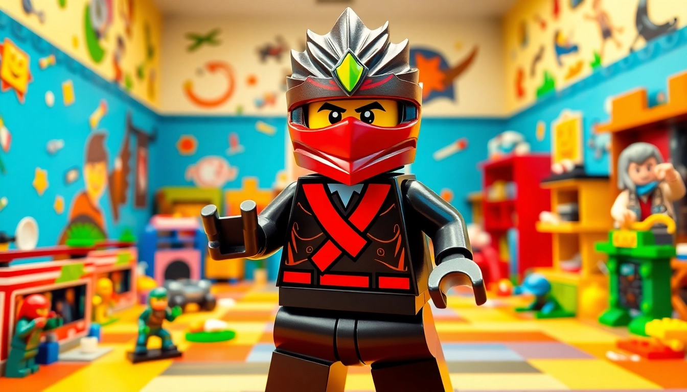 Lego Ninjago character in an action pose surrounded by Lego sets, inviting play and creativity.