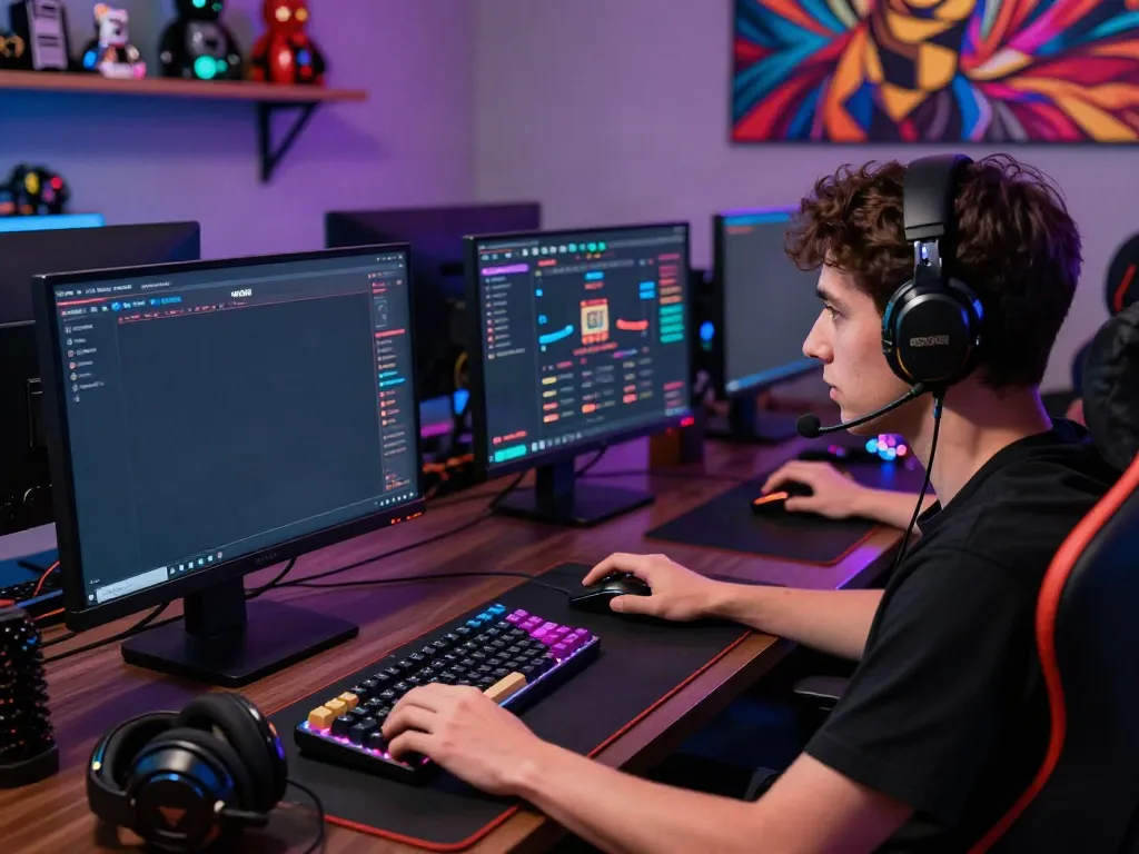 Engaging gamer at DA88 online casino setup with dynamic lighting.