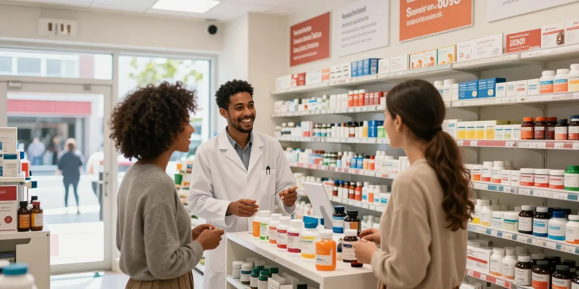 Medi Pharma Shop-Mitarbeiter helfen einem Kunden mit Gesundheitsprodukten in einer hellen Apotheken-Einzelhandelsumgebung.