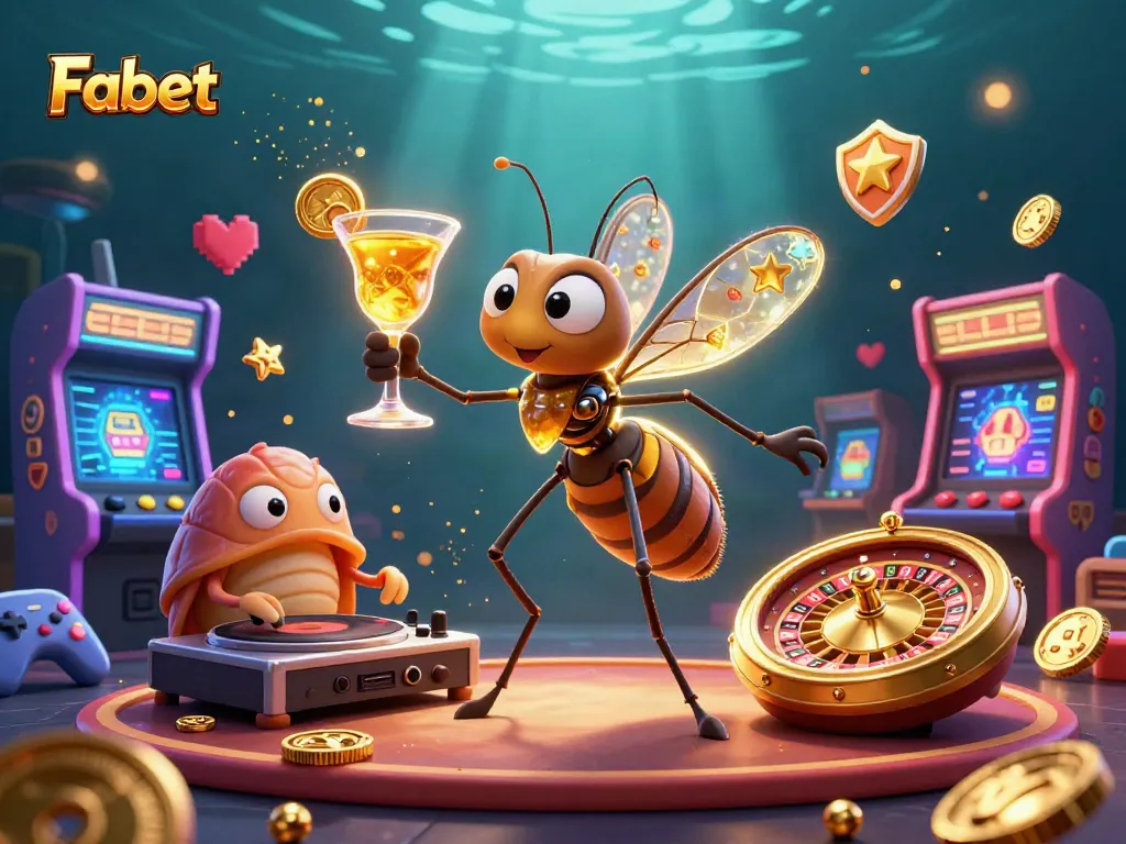 Fabet invites players to enjoy exciting casino-themed games through a vibrant 3D illustration featuring unique characters.