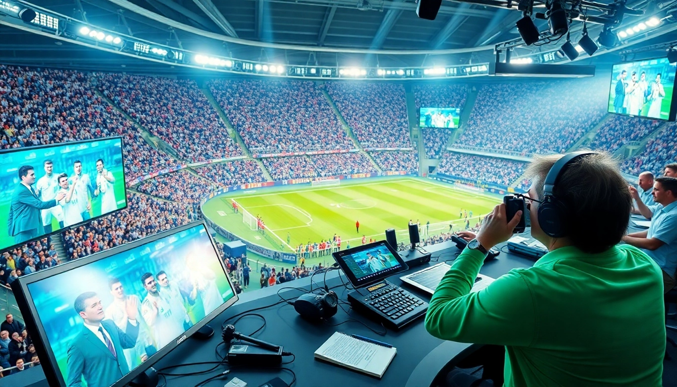 Sports Broadcasting commentary setup with high-tech screens and commentators in a vibrant stadium.