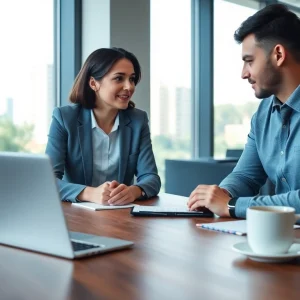 Headhunter Schweiz führt ein Gespräch in einem modernen Büro über Rekrutierungsstrategien.