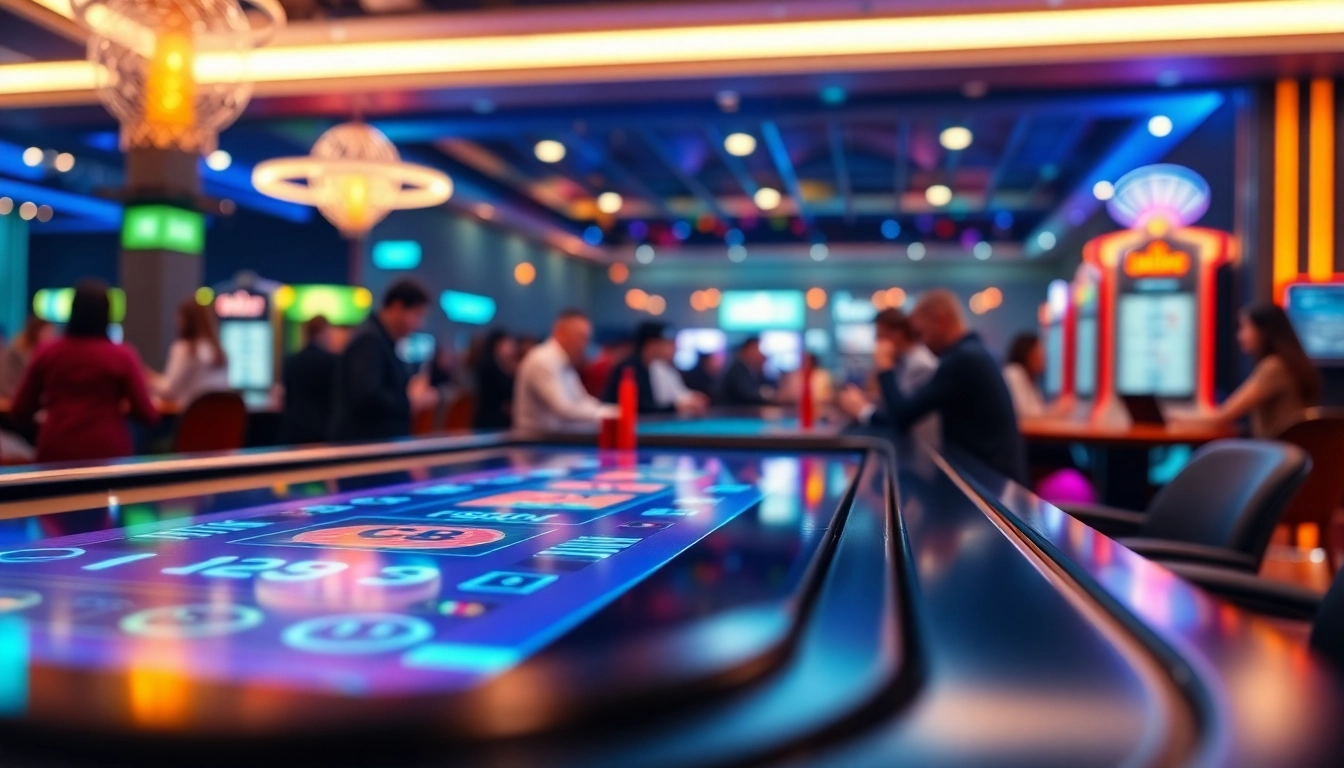 A magyar online kaszinó izgalmas élményét bemutató modern játékasztal, játékosokkal a háttérben.